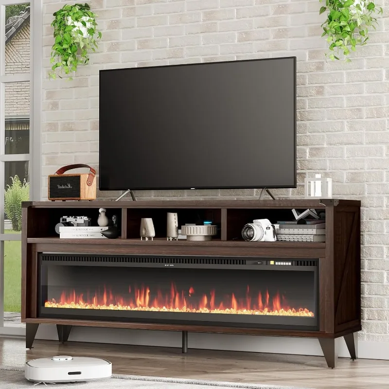 

65" Fireplace TV Stand with 60" Glass Electric Fireplace, Industrial & Farmhouse Media Entertainment Center