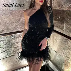 2023 Fashion Slant Neck Long Sleeve Feather Patchwork Dress Sexy Sequins Party Club Dress Autumn Off Shoulder Bodycon Mini Dress