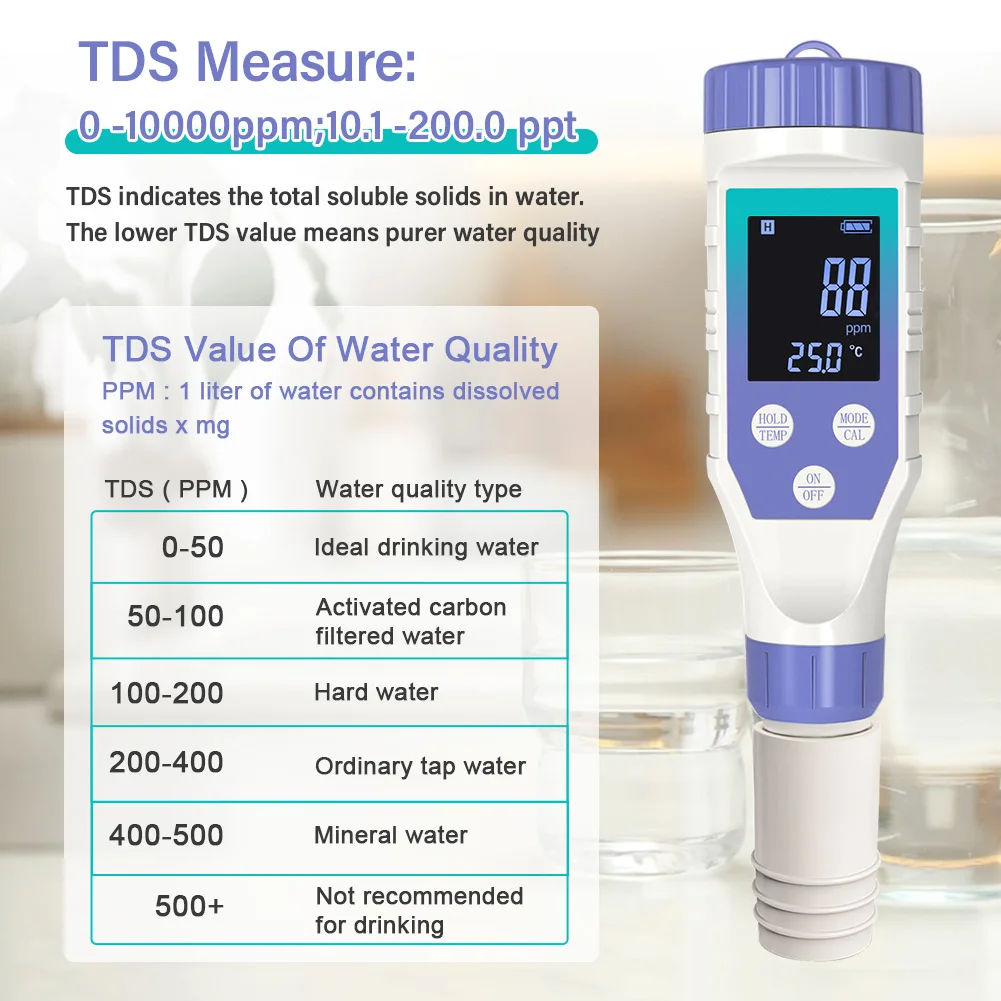 YAGO Idrogeno Acqua Tester 7-in-1 TDS EC H2 ORP Temperatura del sale Misuratore PH per Acqua potabile Piscina Acquario-Tester dell'acqua accurato