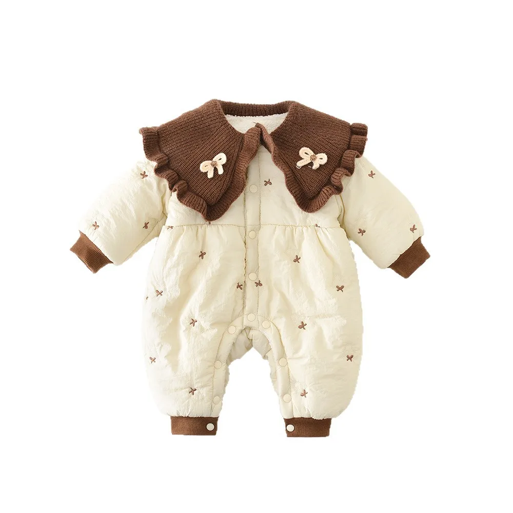 LILIGIRL Baby Warm Jumpsuit Winter New Bow Embroidery Plus Velvet Baby Girl's One Piece Clothes Thicked Climbing Clothes