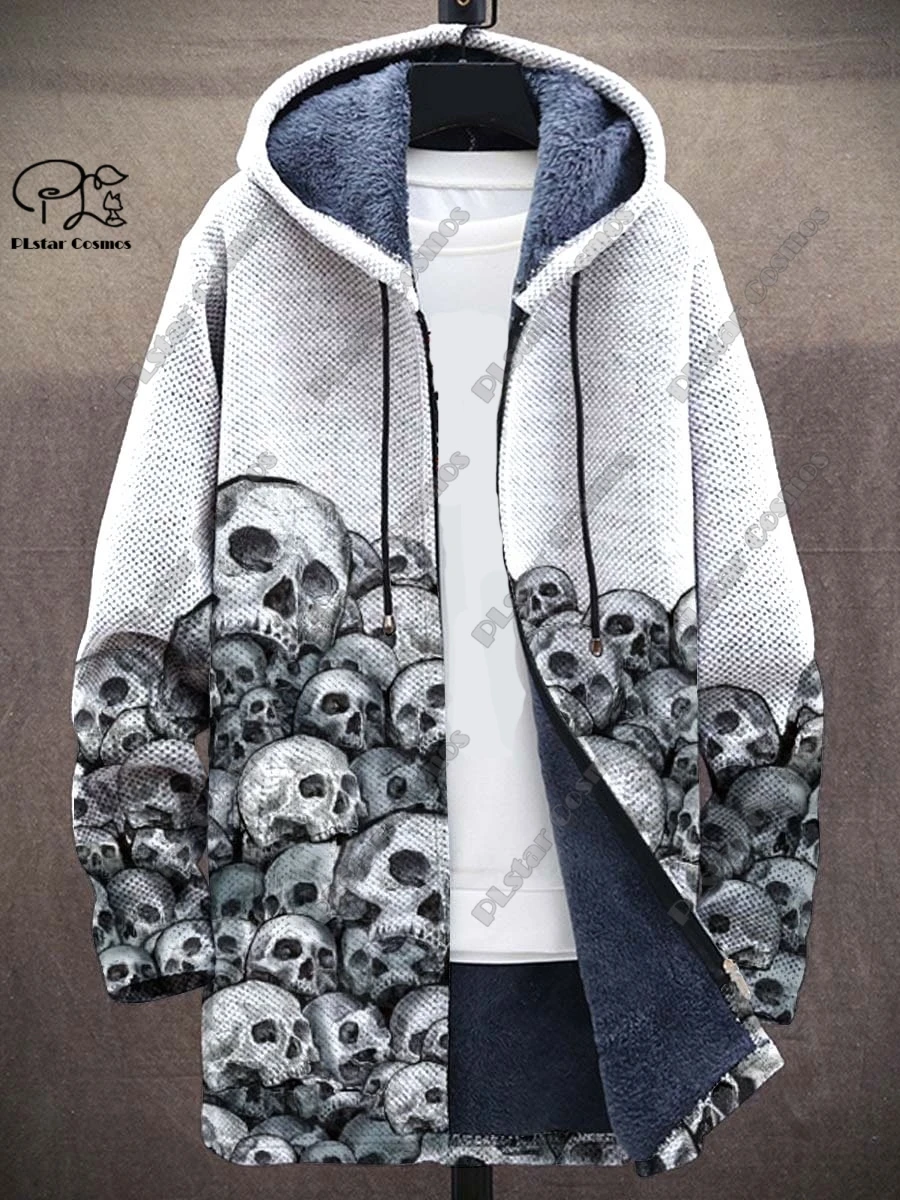 3D printed colorful skull series art printed composite gray velvet hooded zipper jacket winter velvet unisex warm jacket K5