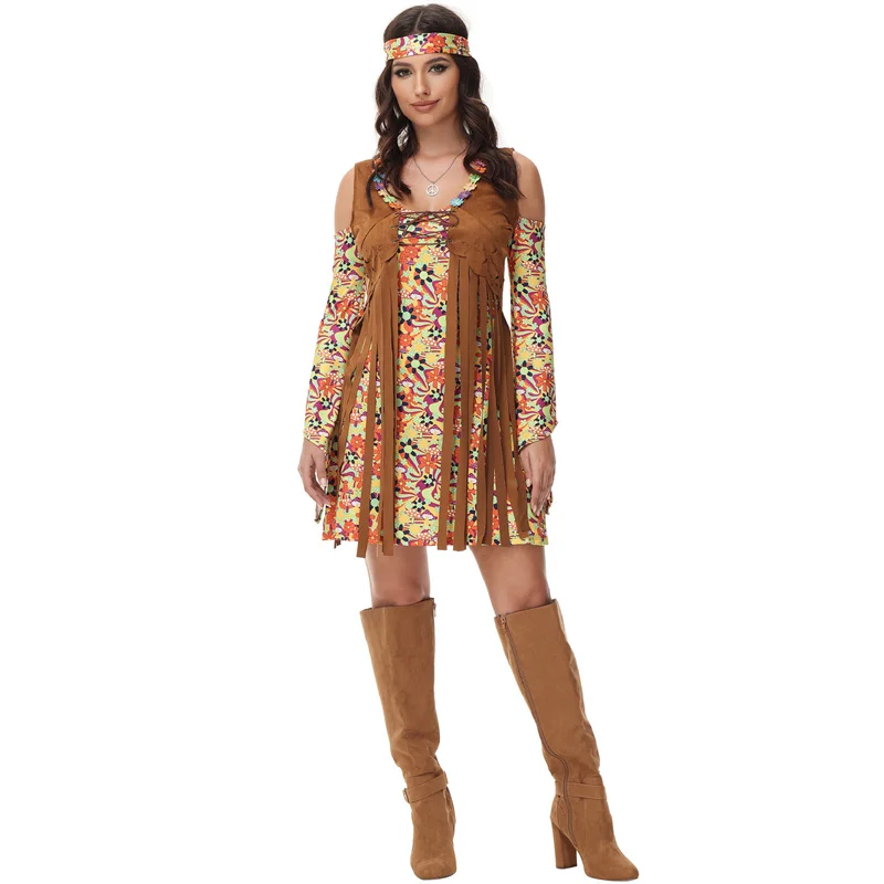 

70s Disco Costume Women Retro Hippie Dress Female Disco Dress Disco Headwear Two-piece Brown Print Fashion