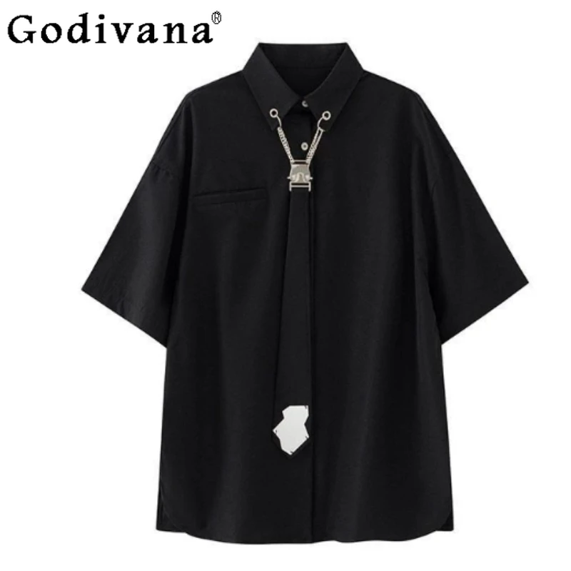 

Summer Personality Large Size 150kg Chinese Style Short Sleeve Shirt Men Women Retro Summer Chain Tie Chic Black Handsome Shirts