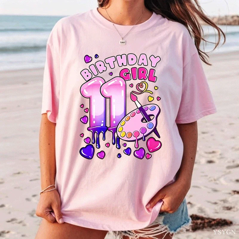 Women Oversized T Shirt 11 Birthday Girl Color Paint Palette Graphic Crew Neck Short Sleeve Soft Party Celebration Womens Tops