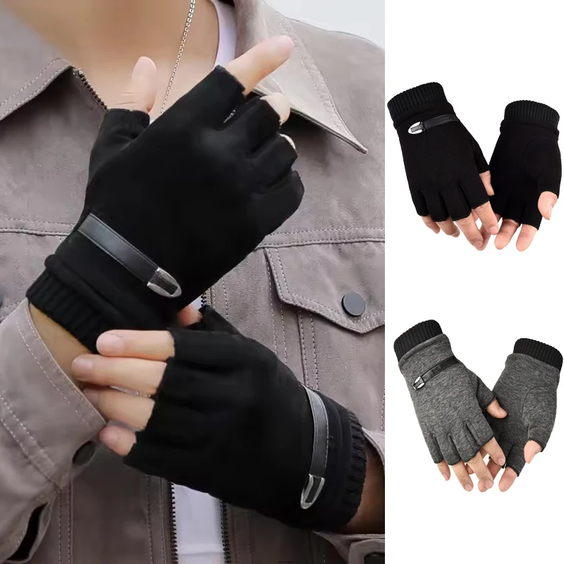 Herren Winter Fleece Warme Halbfingerhandschuhe Stretch Fingerlose Fäustlinge für Outdoor-Fahrradfahren Männliche Sportarten Und Im Freien