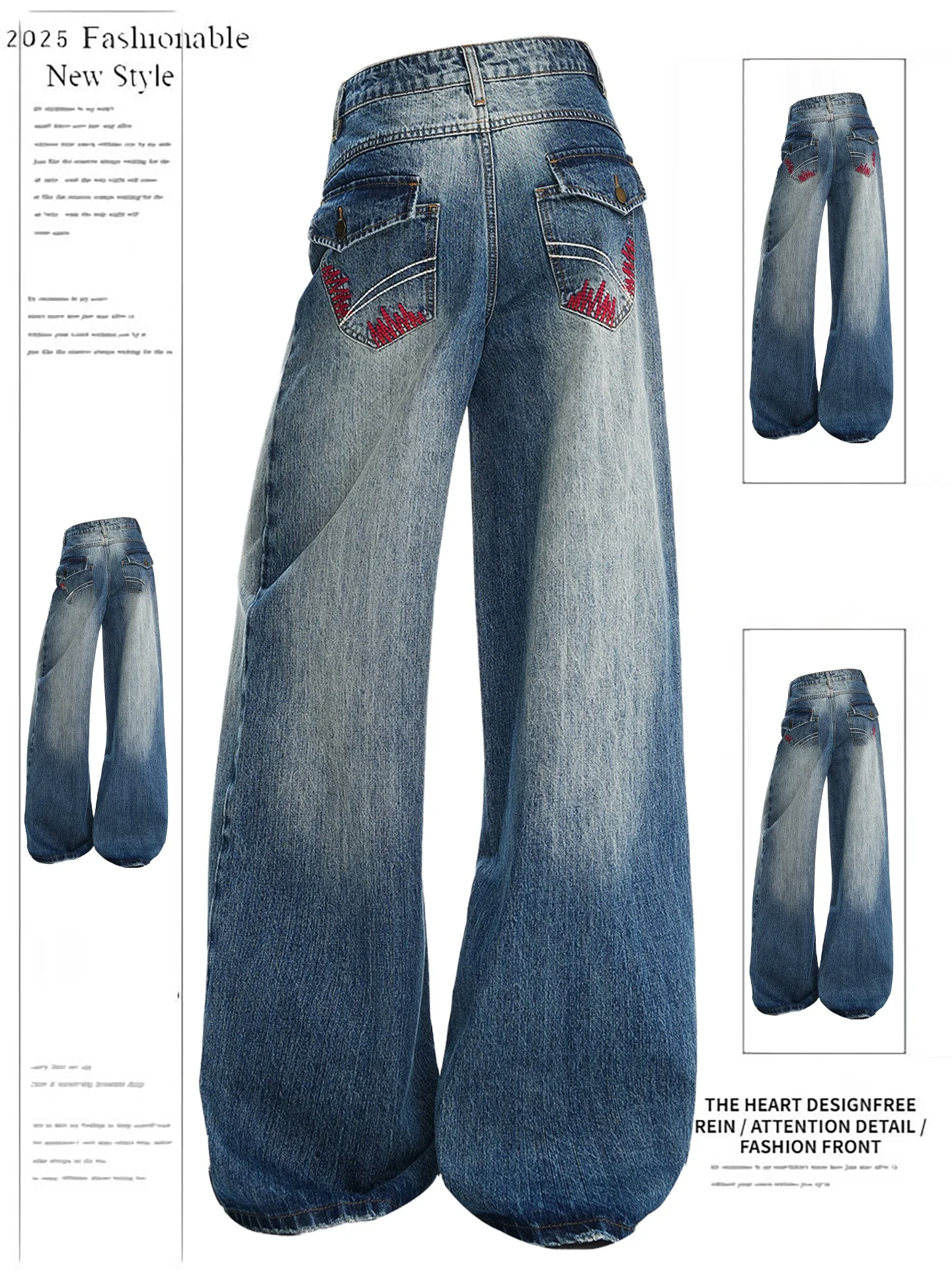 

Unique Embroidered Wide Leg Denim Jeans Women's Heavy Waed Rhinestone Loose Straight Cut Pants Autumn New Sle Casual Wear