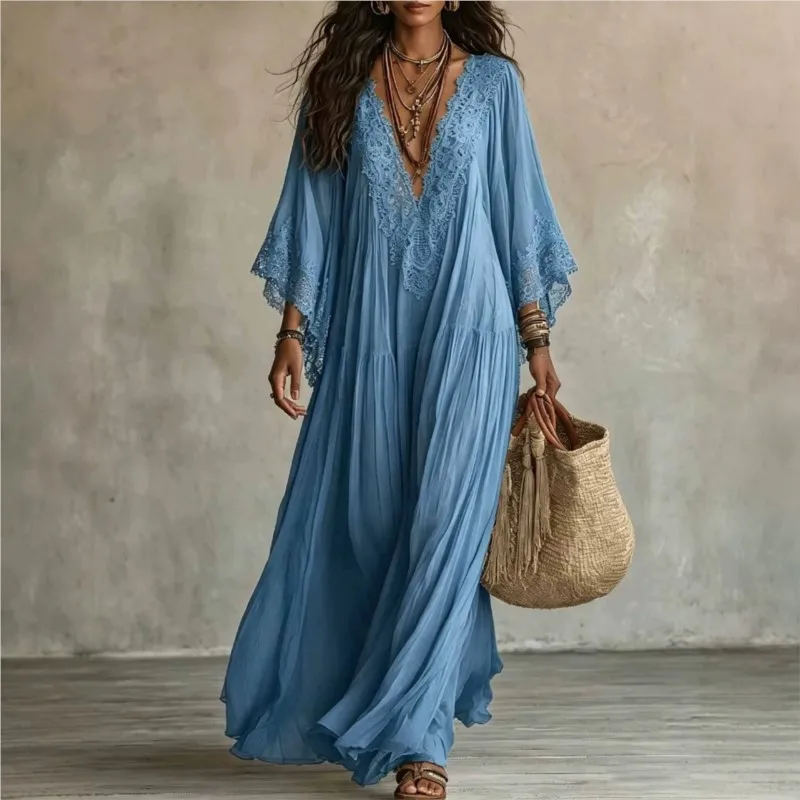 Herbst Elegantes Einfarbiges Kleid Damen Casual Spitzenbesatz Sexy V-Ausschnitt Fließendes Maxikleid Damenmode Strand Urlaub Party Vestidos