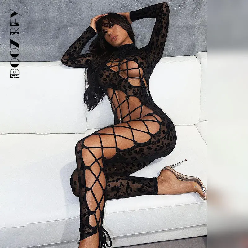 Boozrey Bandage Bodysuit Zomer Jumpsuit Vrouw Splice Sexy See Through Hollow Slim Bodystocking Jumpsuits Body Suits Clubwear