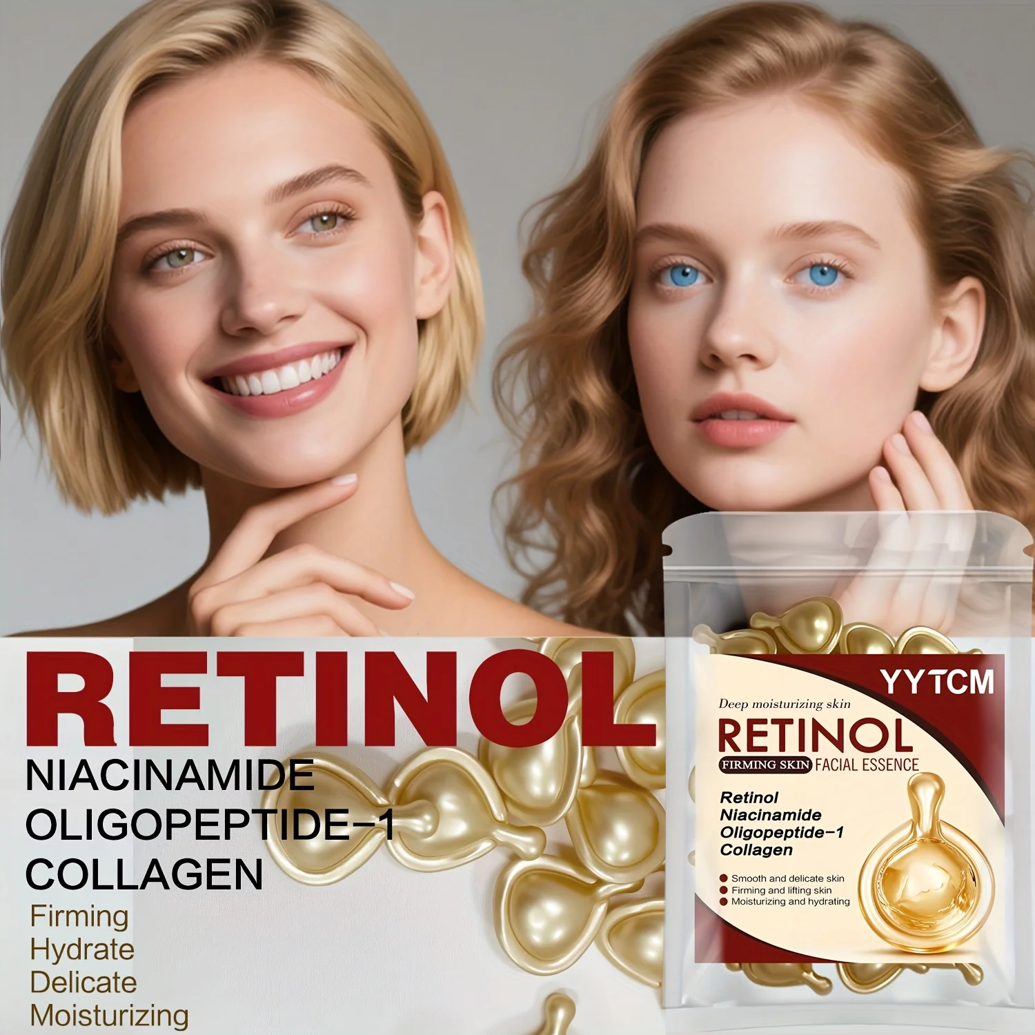 كبسولات ريتينول لشد الوجه لترطيب الوجه، جوهر ريتينول للوجه، تحتوي على الكولاجين المتحلل والنياسيناميد والترطيب العميق (0.5 جرام × 30 كبسولة)/كيس -1 كيس #5