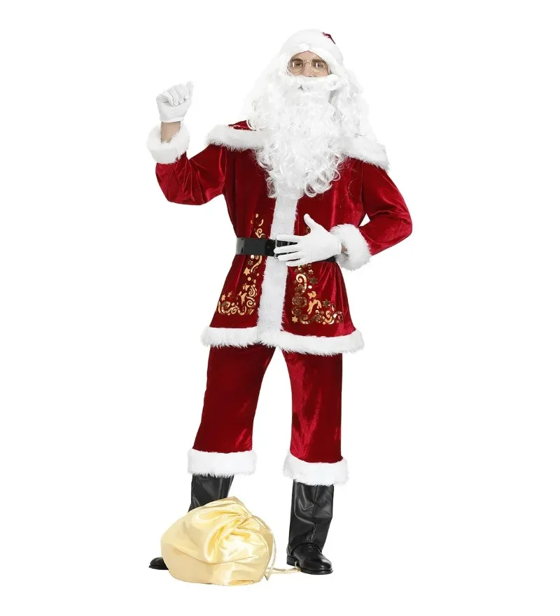 

Red Santa Claus Costume 8pcs Set New Year Xmas Party Man Christmas Costumes Cosplay for Adult