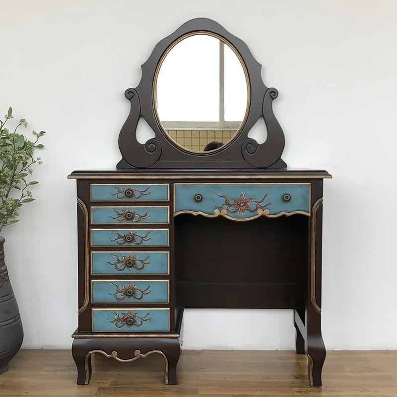 Dressing Table Small Apartment Bedroom Storage Dresser Retro Painted Furniture with Mirror Seven Buckets Dressing Table