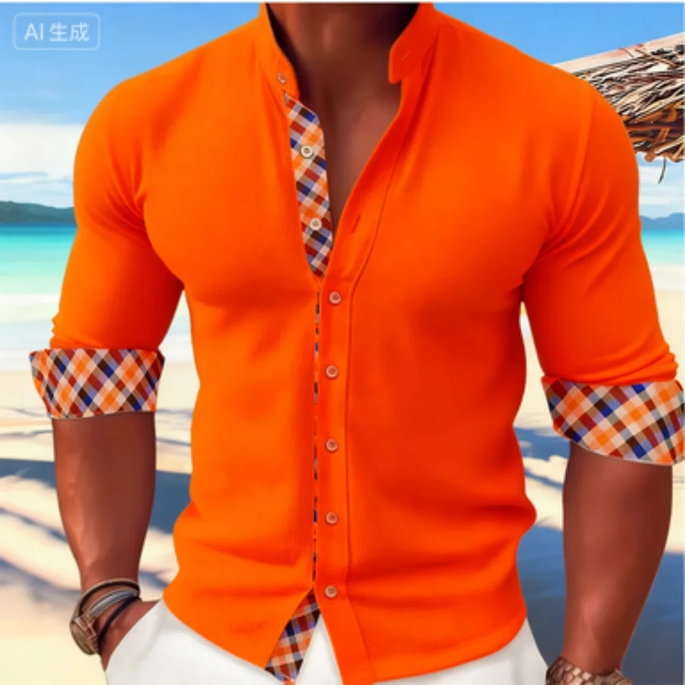 Men's Business Casual Long Sleeved Shirt Solid Color Patchwork Printed Stand up Collar Design Cardigan Street plus Size Clothing