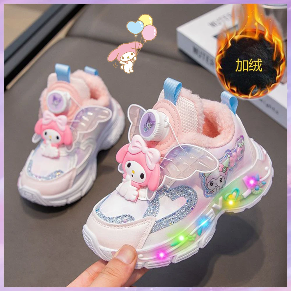 Kuromi Melody Kids Girls Casual Sneakers Plush Warm Sanrios Kawaii Winter Cartoon Light Up Tennis Princess Running Light Shoes