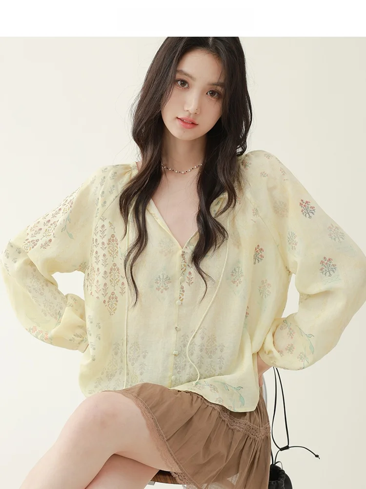 

Женская свободная блузка Chachastu French Sle с длинными рукавами-фонариками, цветочным принтом, V-образным вырезом и поясом, летняя повседневная блузка