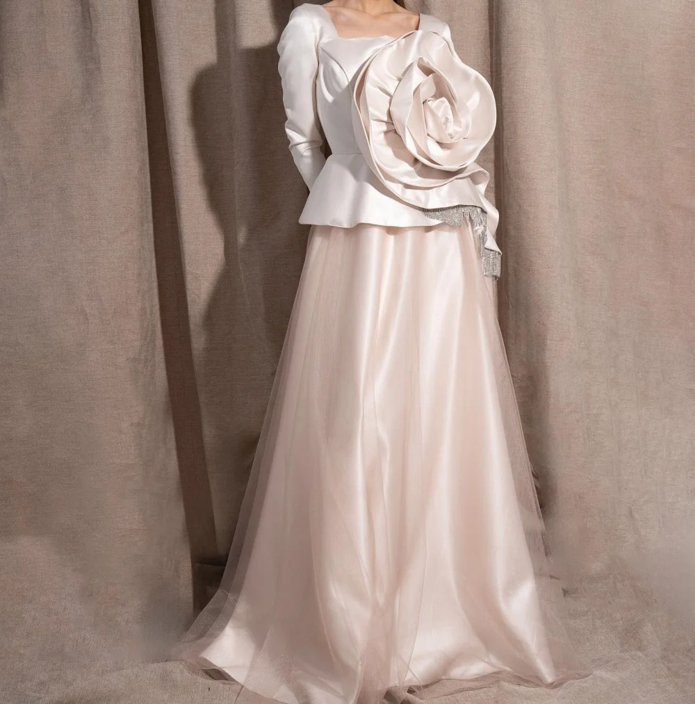 

Customized Charmeuse Handmade Flower Tassel Square Neck A-line Floor-length Bespoke Occasion Evening Elegant Party Wedding