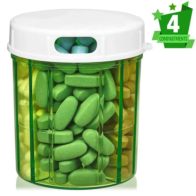 Round Transparent Plastic Box Medicine Box Pill Storage Box 4 Compartment Cylindrical Screw Rotation Lid Drug Container