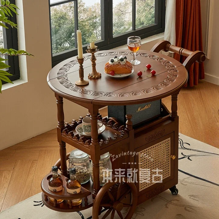 Vintage Movable Teak Wood Side Table Retro Trolley Foldable Handmade For Dining Livingroom