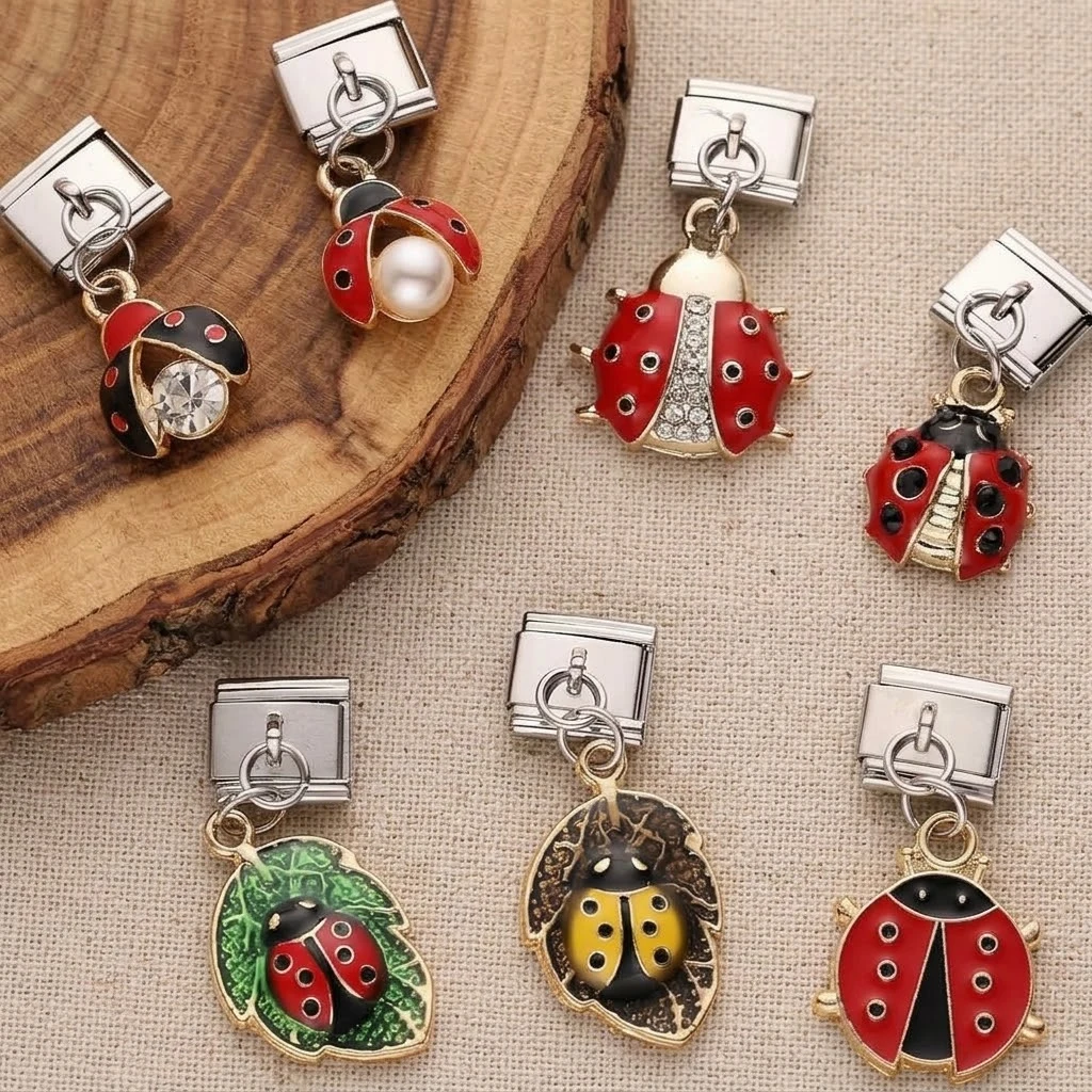 Cute Cartoon Ladybug Italian Charms 9mm Stainless Steel Pendant Links Modular DIY Bracelet Jewelry Making Gift Women Kids