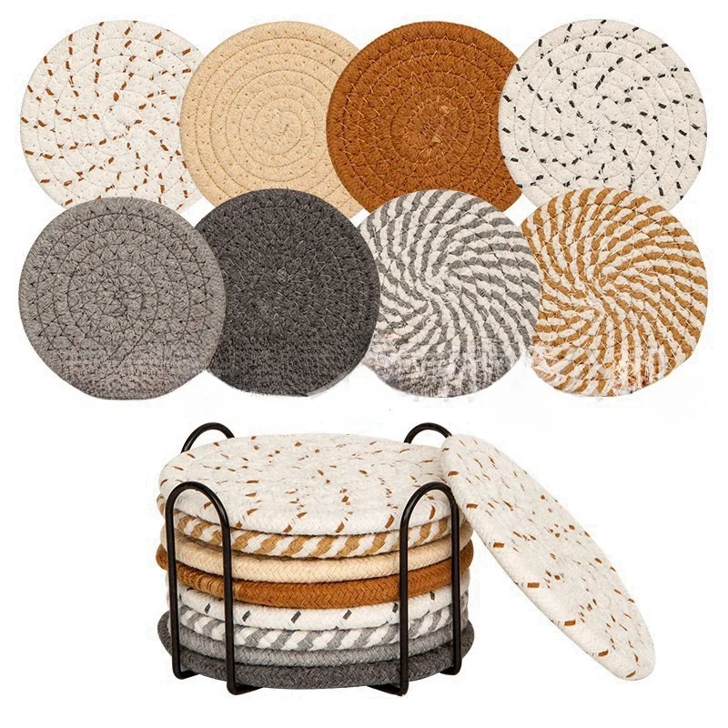 Cotton Rope Woven Placemat, Pot Mat, Kitchen Dining Table, Thick Insulation Mat, Round Cotton Thread Woven Coaster -8 Pieces Set