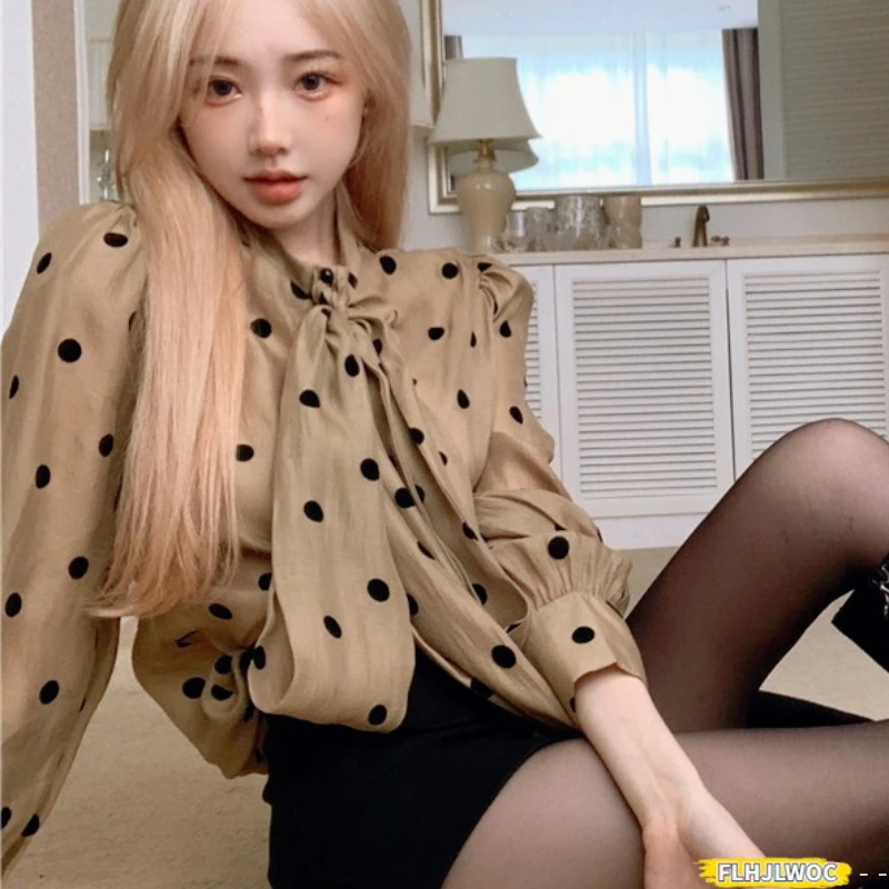 

Топы с большим галстуком-бабочкой, блузки, Новый год, Хэллоуин, осень-весна, базовые рубашки с длинными рукавами, шикарные корейские модные ретро винтажные рубашки в горошек