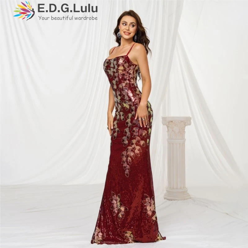 EDGLuLu Abito di lusso rosso floreale con paillettes senza maniche con colletto quadrato 2025 Abiti lunghi a sirena sexy con eleganza senza schienale 0625