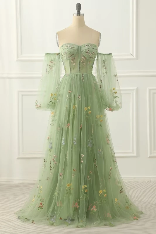 High Quality Customized Sweetheart Floor Length Tulle Appliques Three Quarter Backless Zipper Up Green Robe Pour Mariage Invité