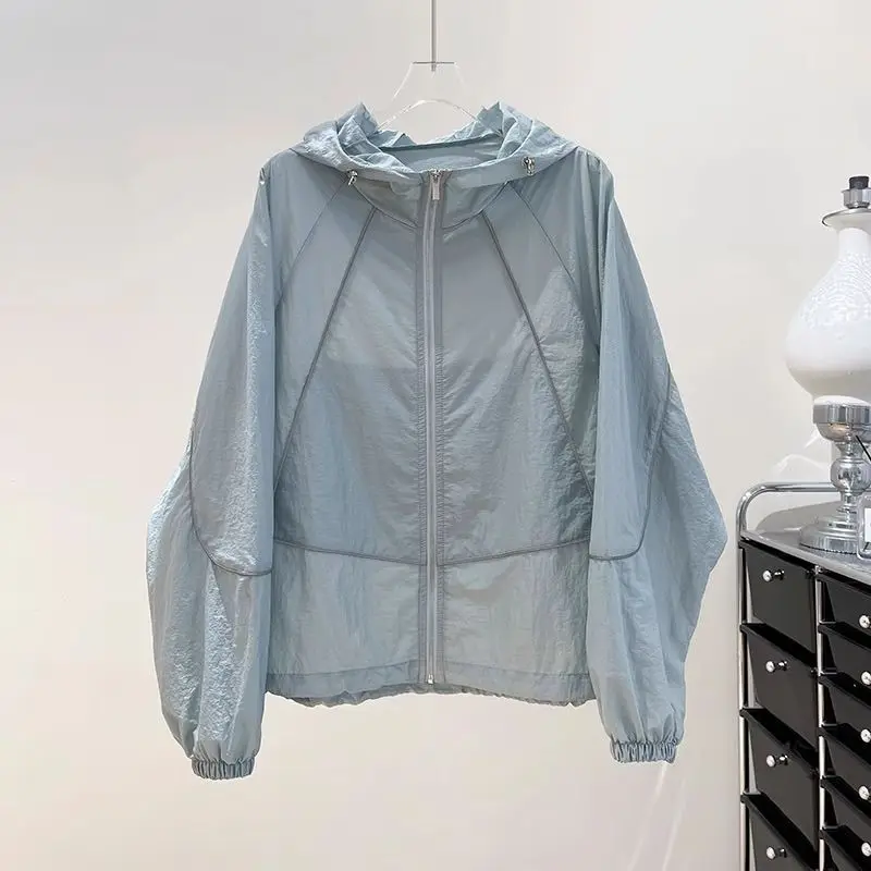 Breathable Sun-protective Women Patchwork Jacket Summer Coat Lightweight Outerwear Loose Versatile Cardigan Long-sleeved Tops