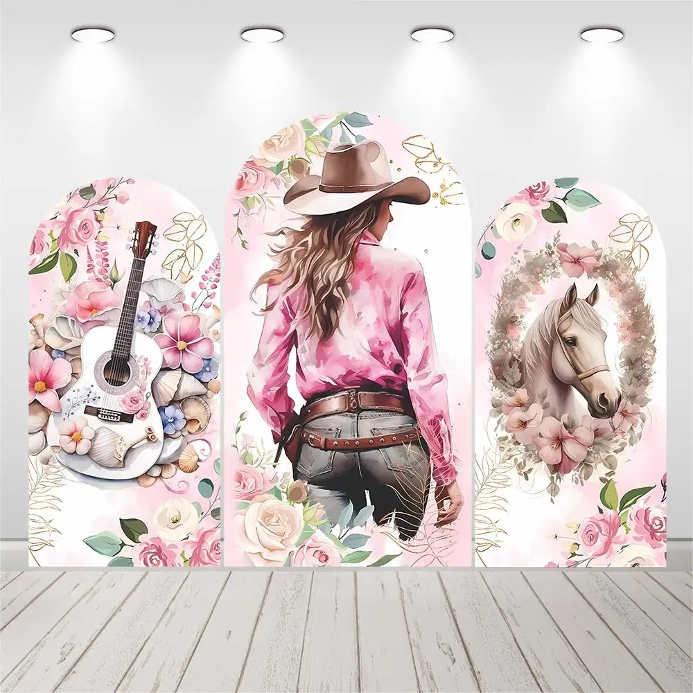 Pink Flowers Horse Girls Birthday Arched Wall Photo Backdrops Western Cowgirl Baby Shower Photobooth Banner Party Decoration