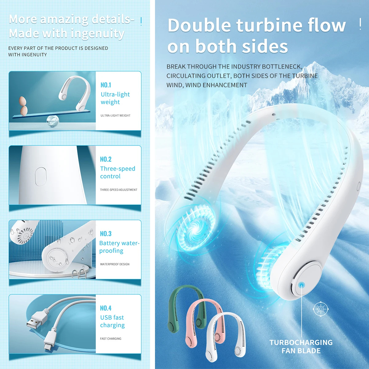 Hanging Neck Fan Convenient Small Fan Can Be Freely Adjusted Mini Small USB Charging Leafless Large Wind Hanging Neck Outdoors image 4