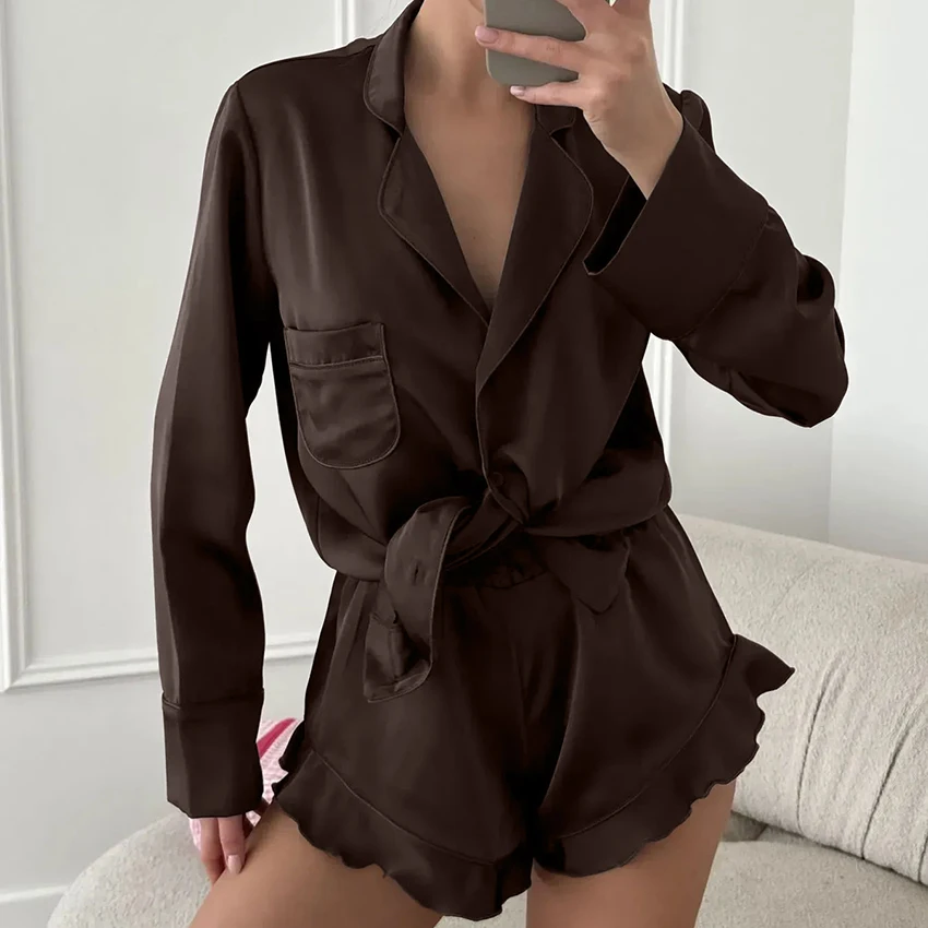 HiLoc Brown Casual Woven Elastic Women'S Pajamas 2-Piece Long Sleeve Lapel Single-Breasted Shirt Elastic Waist Shorts 2026 Fall