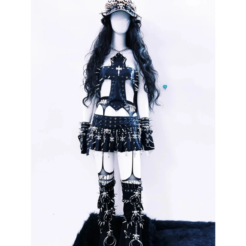 Original Design Punk Dark Female Vest 2025 Autumn New Gothic Heavy Metal Rock Stage Performance Outfit Short Skirt Set Ladies
