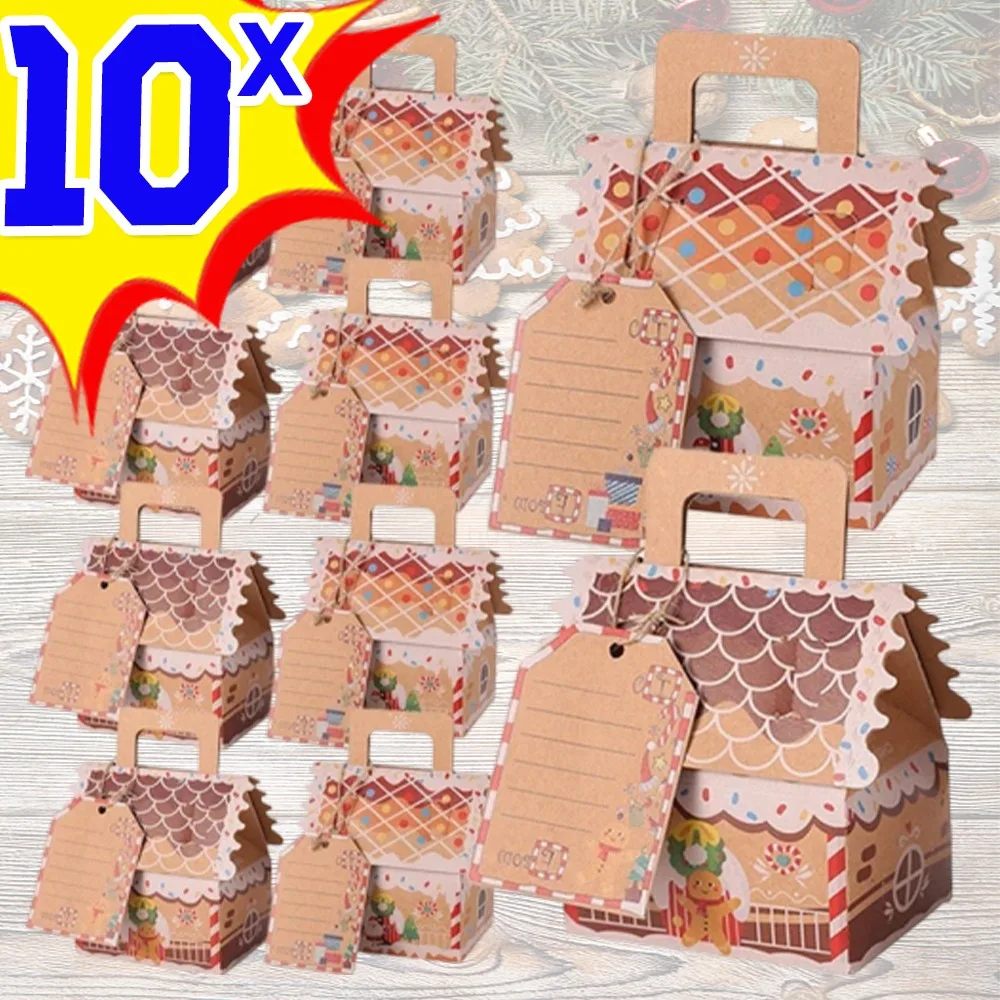 Caja de regalo de papel Kraft de Navidad, suministros de embalaje con forma de casa, bolsas de paquete de regalos de dulces, adornos de Navidad, decoración de fiesta, 1-10 Uds.