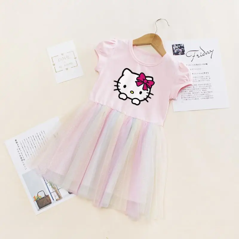 Anime Sanrioed My Melody Kuromi Girls Short Sleeve Dress Sweet Party Princess Dress Cute Gauze Skirt Summer Fashion Kids Clothes