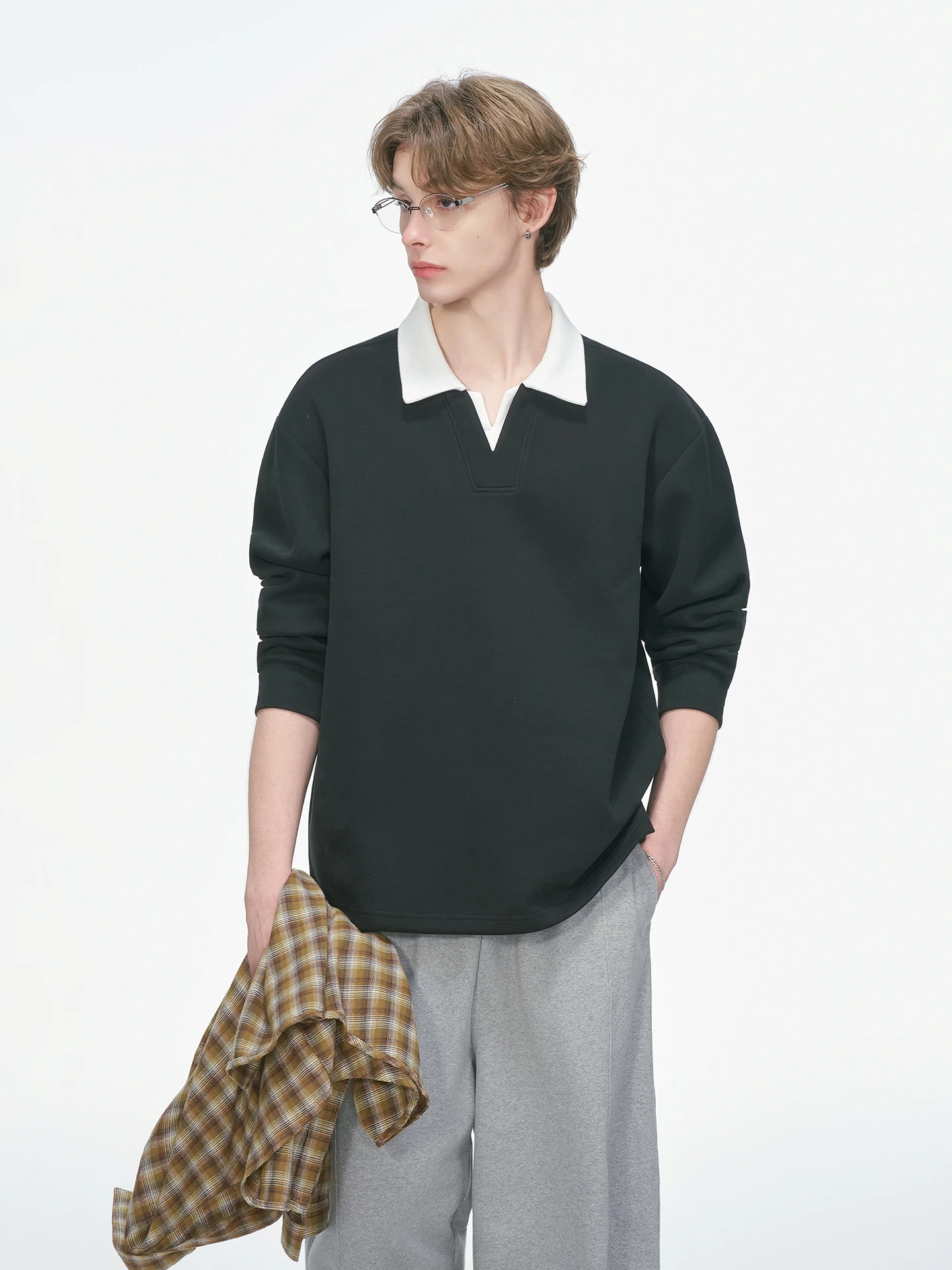 Dream Made Men's V-Neck  Shirt Hoodie American Style Spring Autumn New Heavyweight Fake Two-Piece Loose Fit Long Sleeve