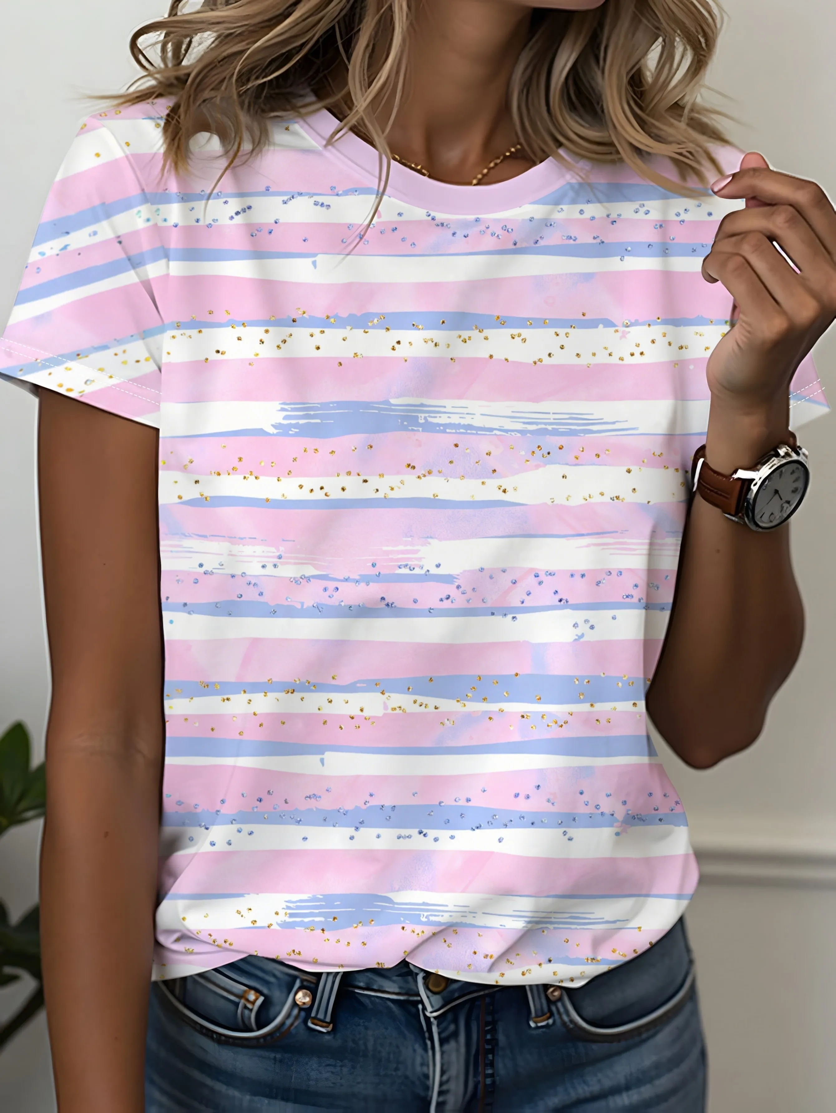 Women Crew Neck Short Sleeve T-shirt Pink Blue White Striped Print Golden Glitter Decor Casual Sweet   Daily Summer Tee