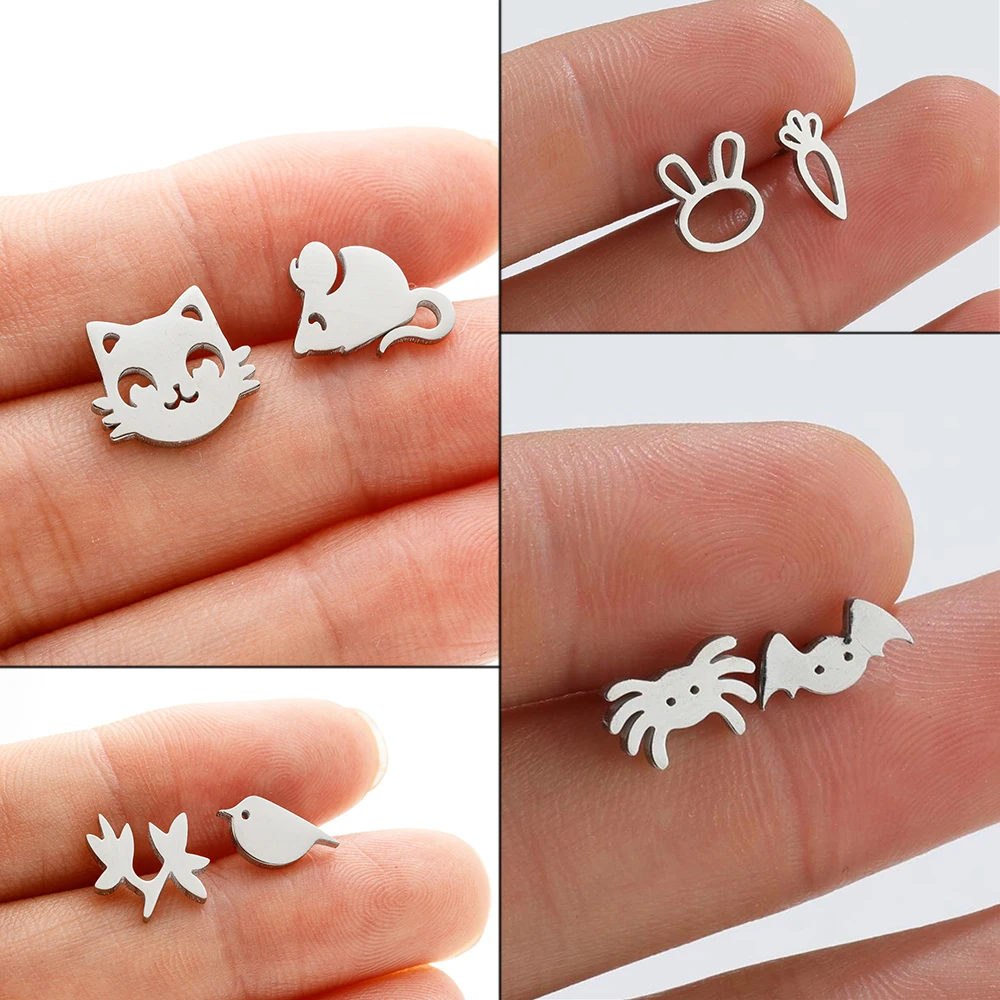 Shuangshuo 1 Pair Stainless Steel Cute Cat Mouse Small Ear Studs for Women Cartoon Kitten Asymmetric Earings Party Jewelry Gift