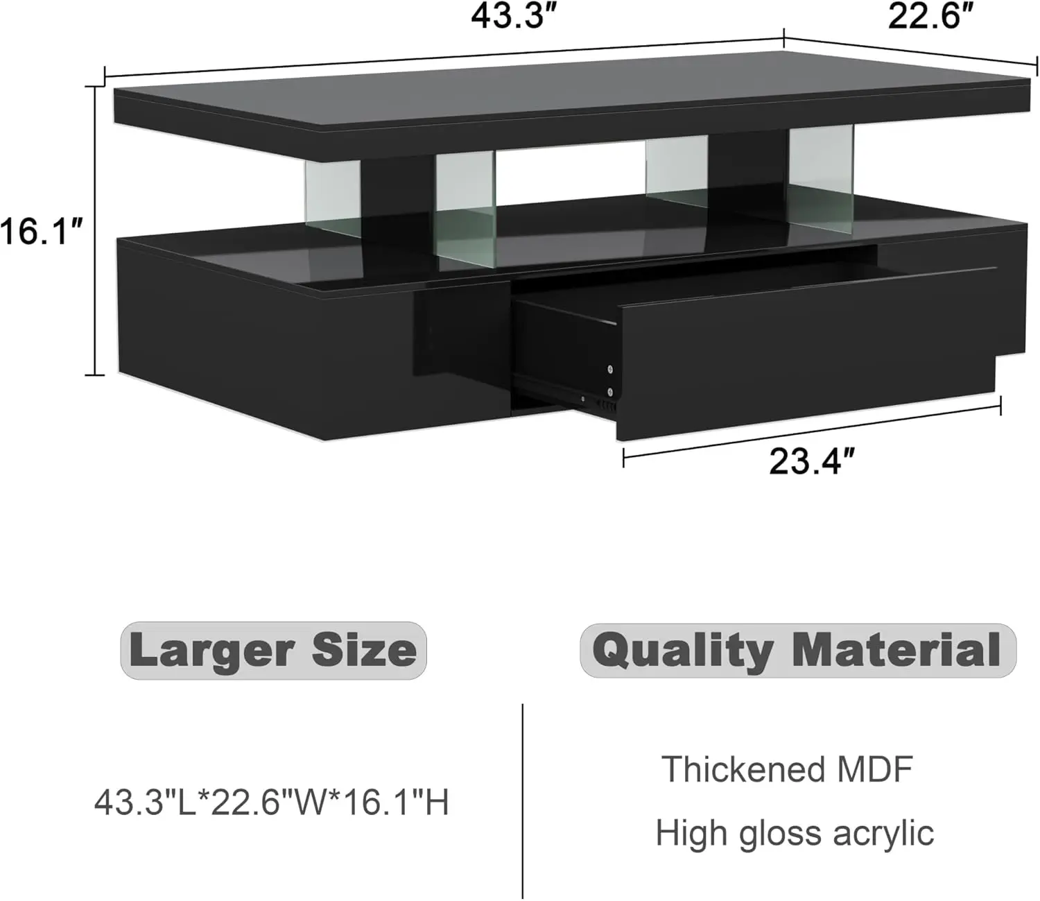 Modern LED Coffee Table, High Glossy with Drawer, Black Coffee Table with Storage for Living Room, Bedroom