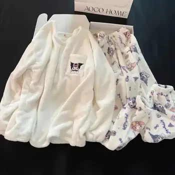 三麗鷗 Hello Kitty Pochacco Kuromi 女孩新款日系卡通印花加厚珊瑚絨保暖抗菌家居服套裝 10 最佳銷售 三麗鷗睡衣 - №2