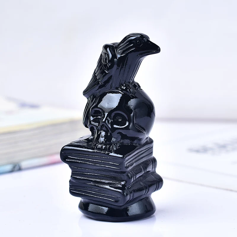 Natural Obsidian Hand Carved Book Crow Skull Family Home Ornament Perfect Gift for Bird Lovers - Animal Spirit Stone - Mineral