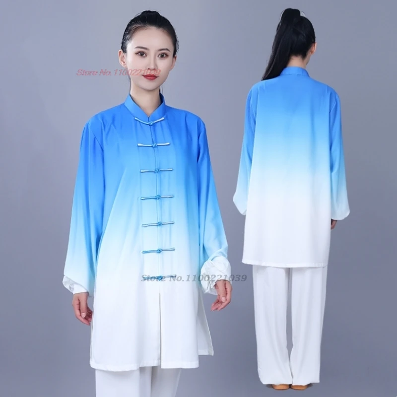 

2025 chinese tai chi uniform wushu kung fu training practice martial arts wing chun gradient color tops+pants set outdoor sports