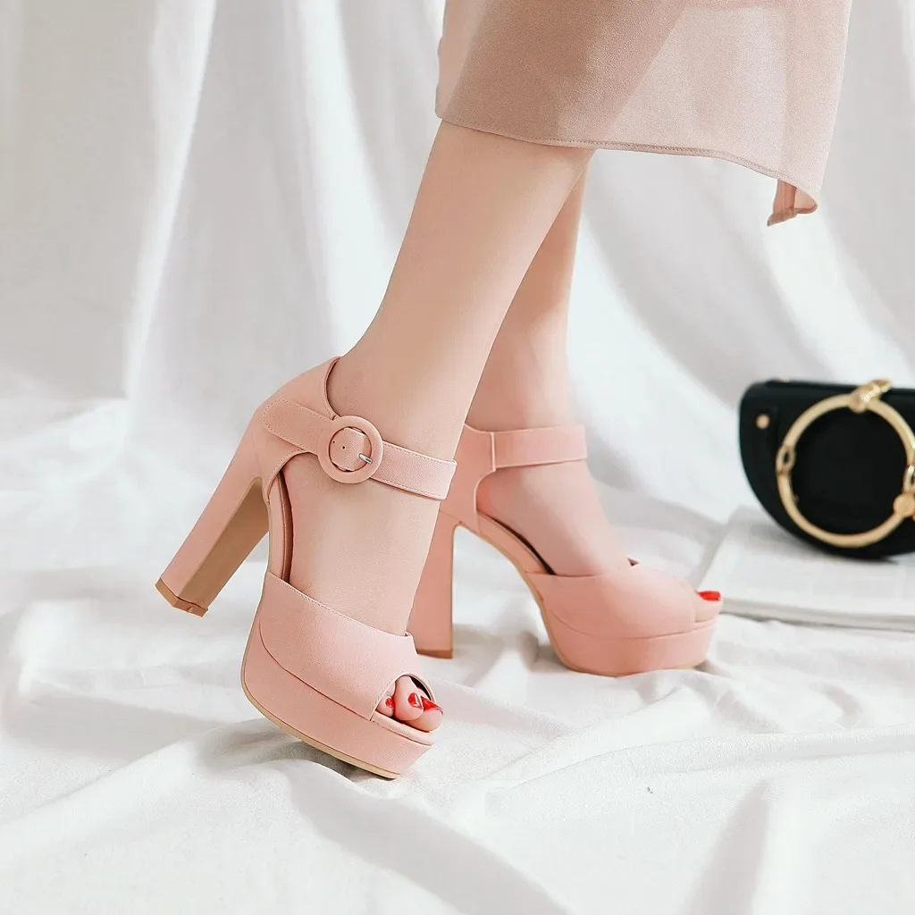 Women Platform Sandals High Chunky Heel Black Orange Pink Peep Toe Ankle Strap Casual Office Summer Female Peep Toe Dress Shoes