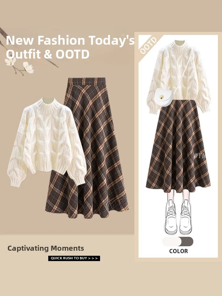 Roter Strickpullover mit hoher Taille und Rock, zweiteiliges Set für Neujahr, Festival, Herbst-Winter-Saison, lässig, vielseitig, Damen-C...