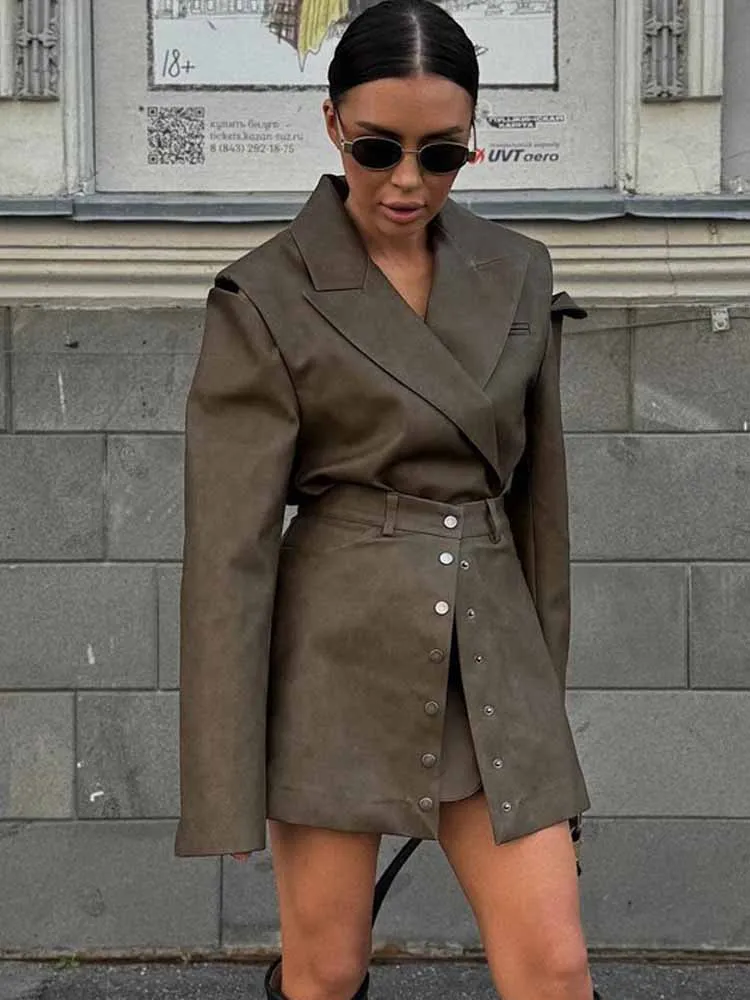 BKQU PU Leather Women Blazer Skirt Suits Fashion Long Sleeve Hollow Out Lapel Coat Button High Waist Mini Skirt 2 Pieces Outfits