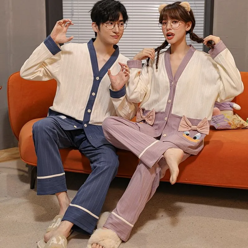 Couple pajamas Spring and Autumn Long sleeve Pure cotton cardigan loungewear Autumn and winter suit Can be worn outside