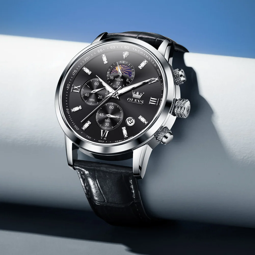 

OLEVS Роскошные модные черные кожаные часы для мужчин, водостойкий светящийся хронограф, мужские часы, лучший бренд, кварцевые наручные часы