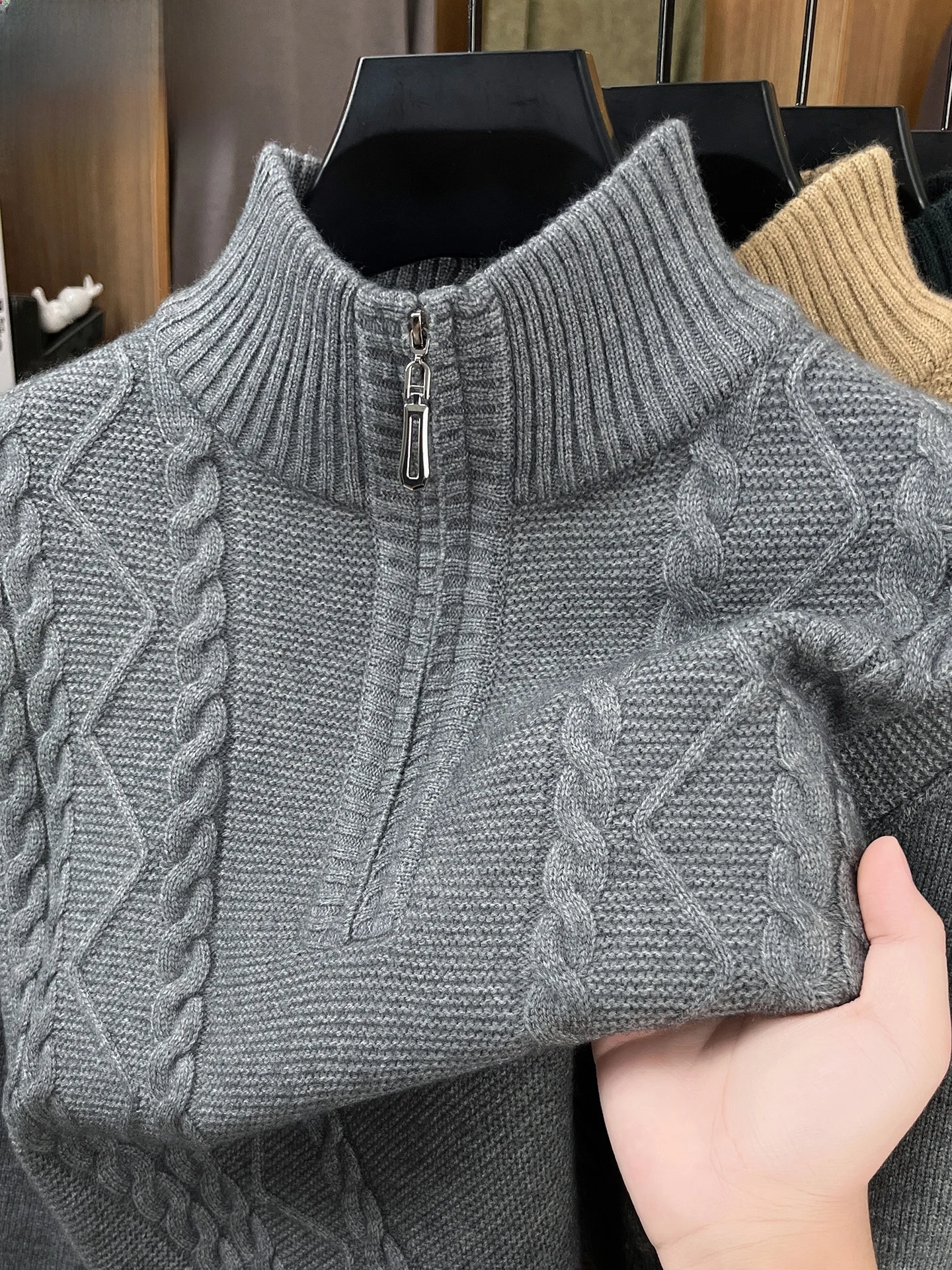 

Thiened Zipper Knitted Sweater Men's f High Collar Winter Warm Faion Ci Casual Long Sve Pullover Woolen Sweater