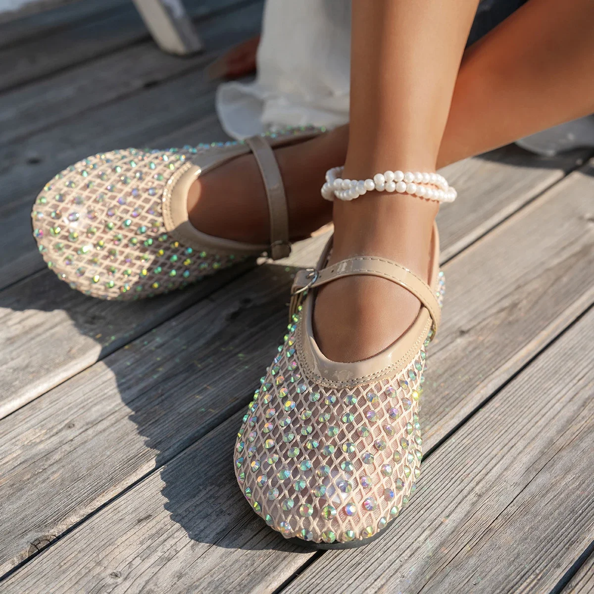 Women Ballet Sandals Luxury Rhinestone Fishnet Flat Sandals Women Brand Designer Rivet Mesh Mary Jane Shoes Zapatos De Mujer