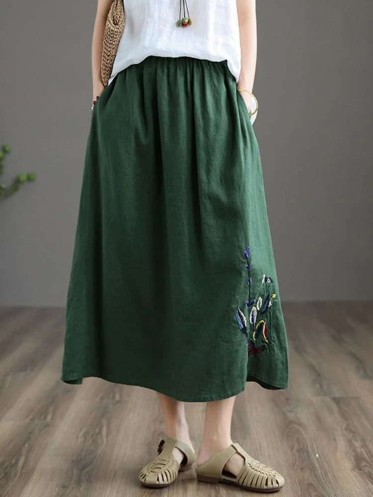 2024 Summer New Embroidered Cotton Linen Skirts for Women Retro Temperament Elastic Waist Long Skirt Loose Green Cotton Skirts