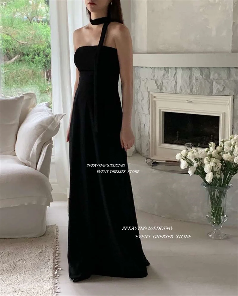 SPRAYING Korea Strapless Black Wedding Dress Korea Photoshoot A Line Sleeveless Bridal Gown Spandex Floor Length Bridal Dresses