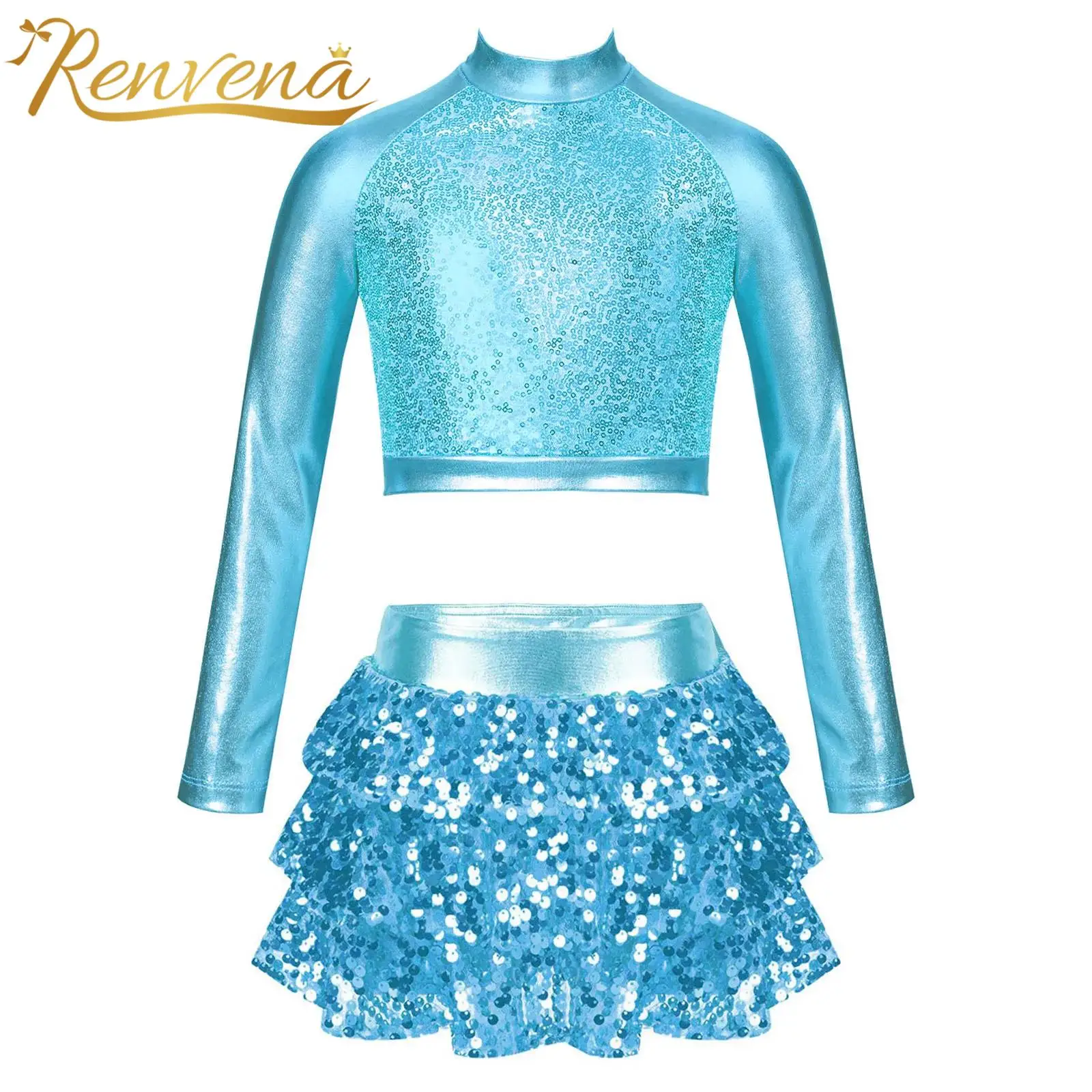 

Kids Shiny Metallic Sequins Jazz Dance Outfit Teens Two Pieces Costume Sets for Girls Children's Clothes Ball Prom Party Suits